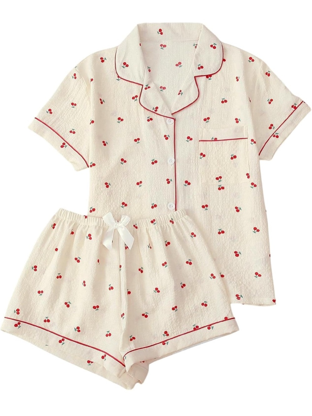 Amazon Cream Cherry-Print Short Pajama Set with Red Piping